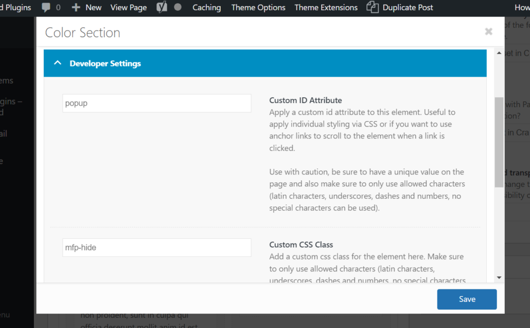 screenshot of color section enfold theme settings for popup window